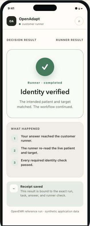 OpenAdapt mobile decision result after the customer runner verified identity and saved a bound receipt.